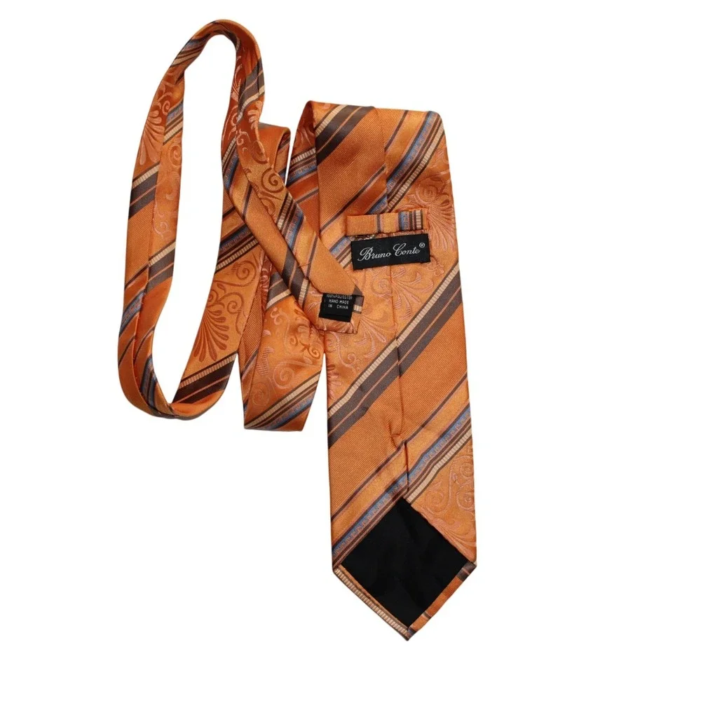 Bruno Conte Orange Striped‎ Paisley Formal Neck Tie Men 100 Percent Polyester